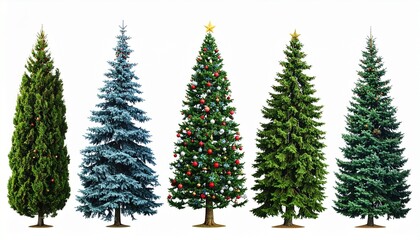 Fototapeta premium Nine decorated Christmas trees with varied ornaments, garlands, and lights arranged in festive lineup