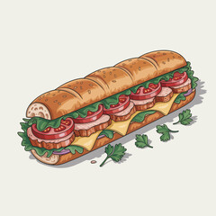 This vibrant sandwich features layers of meats, veggies, and sauces between fresh bread, perfect for appetites seeking flavor and variety in every bite.