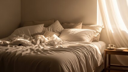 Cozy unmade bed with rumpled white sheets and pillows in a warmly lit bedroom with sunlight streaming through sheer curtains
