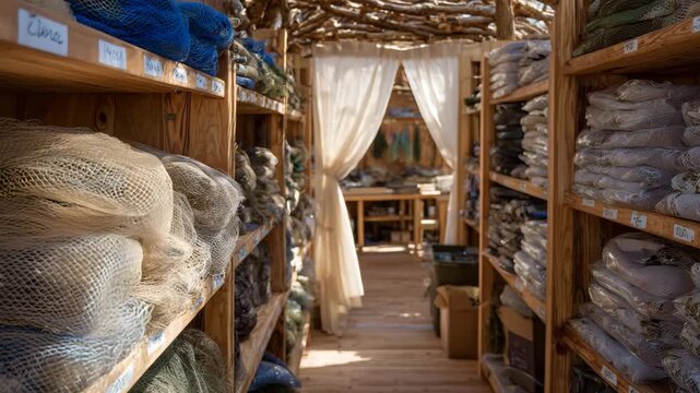 276Clean, organized storage room featuring fishing nets folded on labeled shelves, illuminated by even daylight that highlights subtle color variations in the mesh
