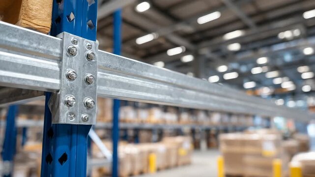 276Detailed close-up of industrial metal shelving being set up, beams, brackets, and screws visible, warehouse background softly blurred, illustrating preparation for product storage