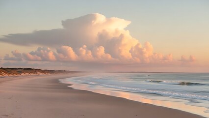 Serene coastal sunrise illuminates a tranquil beach with gentle waves and a dramatic cloud formation in the sky