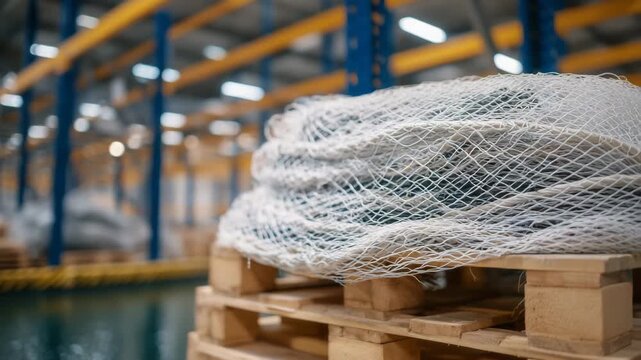 277Close-up of durable synthetic fishing nets resting on metal shelving, natural light accentuating the fine threads and tidy organization within a ventilated warehouse
