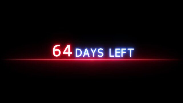 Neon countdown number. 64 Days neon text animation on black background.  Days countdown number.