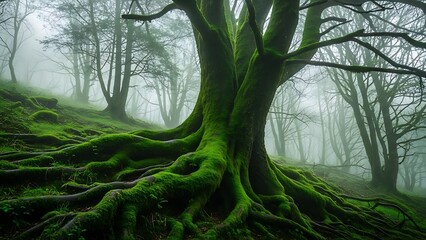 Mystical ancient forest with gnarled roots covered in vibrant moss, shrouded in ethereal fog, a truly enchanting natural spectacle