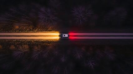 Striking aerial perspective of a car navigating a winding road at night, its powerful golden headlights blazing a trail and crimson taillights creating a dramatic glow in the deep, shadowy woods