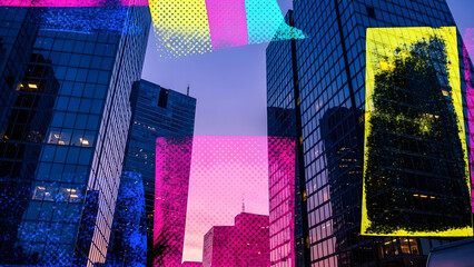 Abstract digital art overlaying modern glass skyscrapers against a twilight city sky creates dynamic energy