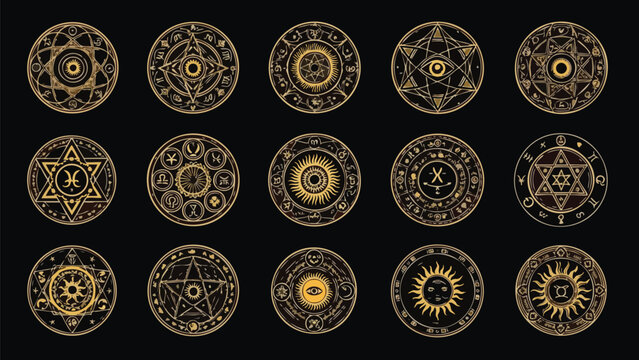 Collection of Golden Magical Seals and Runes on Black Background for Mystical and Occult Design.