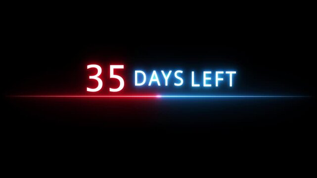 Neon countdown number.  35 Days neon text animation on black background.  Days countdown number.