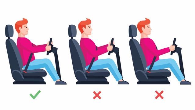 Correct and incorrect driving posture illustration showing seat belt usage and steering wheel position.