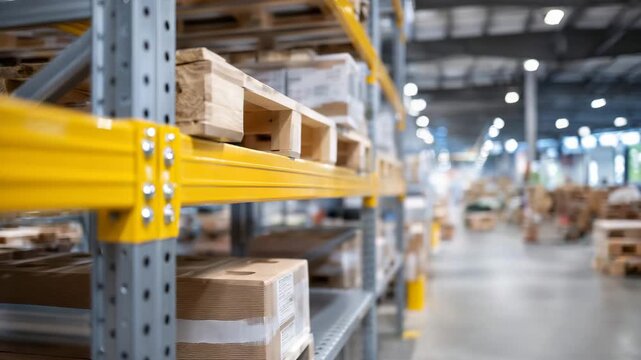 283Industrial warehouse scene, close-up of a metal shelving unit mid-assembly, bolts and joints in focus, background showing blurred boxes and storage aisles, emphasizing logistics an