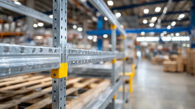 284Close-up view of a metal shelving unit prepared for assembly in a warehouse, steel beams polished and aligned, concrete floor visible below, highlighting readiness for product stor