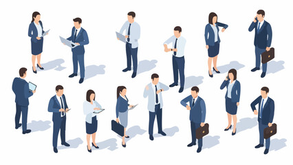 Diverse business professionals in isometric view, using technology and collaborating for success.