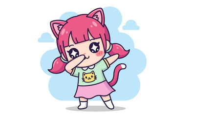 Cute Cat Girl Cartoon Character Dabbing Illustration with Pink Hair and Tail for Kids Content