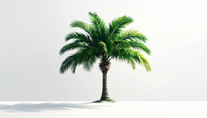 Obraz premium Single palm tree with textured trunk and green fronds isolated on white background in botanical composition.