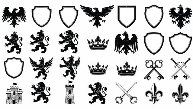 Heraldic Symbols Vector Pack: Lions, Eagles, Shields, Crowns, Keys, Swords, Towers and Fleur-de-lis.