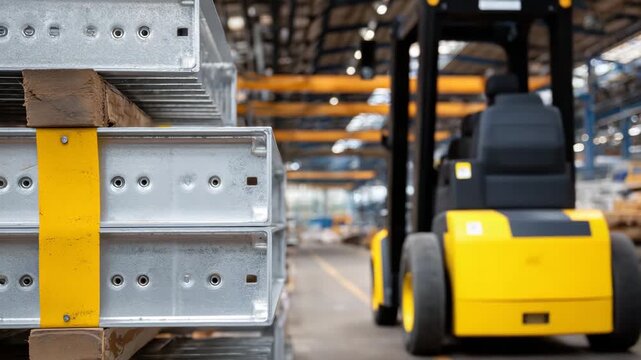 291Close-up on warehouse metal shelving pieces arranged for assembly, beams, supports, and brackets detailed, floor reflecting ambient light, illustrating careful preparation for stor