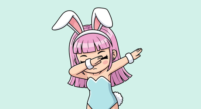 Anime girl with pink hair and bunny ears doing the dab on pastel blue background, cute concept