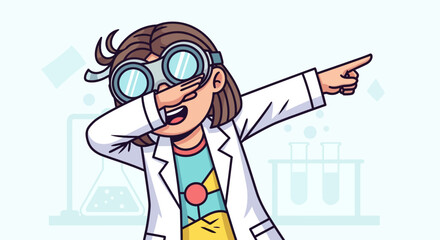 Enthusiastic cartoon scientist dabbing in lab with goggles and white coat showing innovation in a