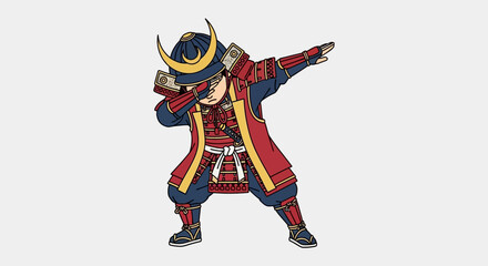 Illustration of a Samurai warrior doing the dab dance in a red and blue costume isolated on a