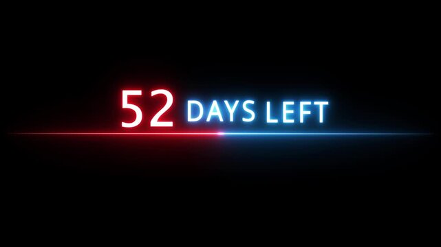 Neon countdown number.  52 Days neon text animation on black background.  Days countdown number.