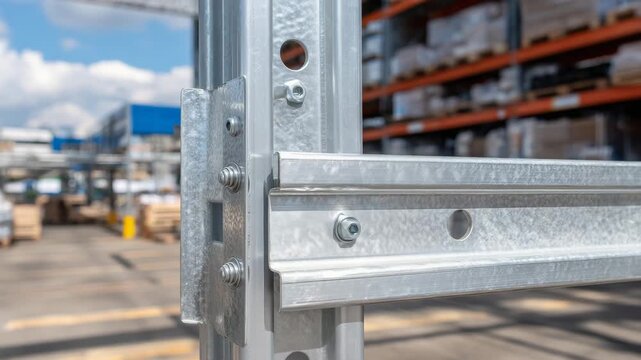 292Detailed close-up of industrial metal rack components, partially aligned for assembly, bolts and panels ready, emphasizing sturdy structure for product boxes in warehouse environme