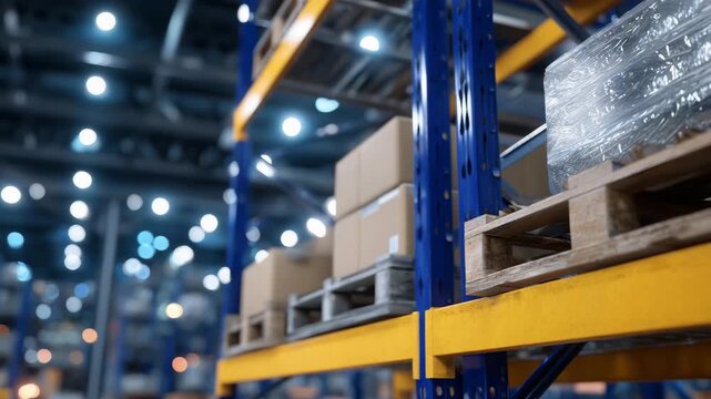 293Medium shot of warehouse metal rack parts organized for setup, beams and brackets in focus, ambient lighting highlighting steel texture, ready for cardboard boxes and inventory