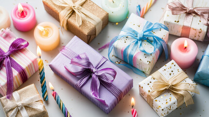 A delightful display of cakes cupcakes and macarons on stands with a blue background and floral accents