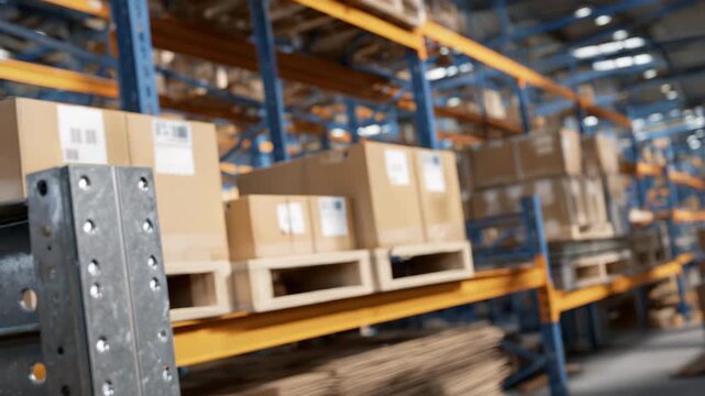294Medium shot of warehouse metal rack parts organized for setup, beams and brackets in focus, ambient lighting highlighting steel texture, ready for cardboard boxes and inventory