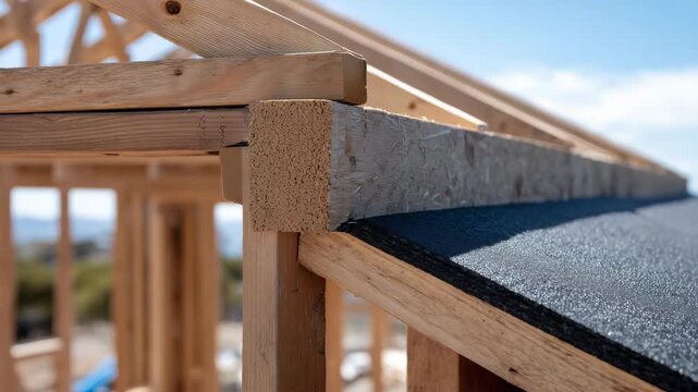 294Artistic composition of roof edge under construction, visible wooden framework, rolled waterproofing membrane, and sunlight highlighting craftsmanship
