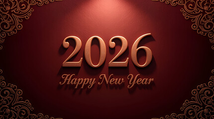 Deep maroon gradient background with copper ornaments color border metallic copper 3D &ldquo;2026&rdquo; at above of &ldquo;Happy New Year&rdquo; in copper like texture color