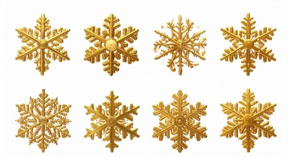 Ten golden snowflake ornaments with unique symmetrical designs arranged in grid on white