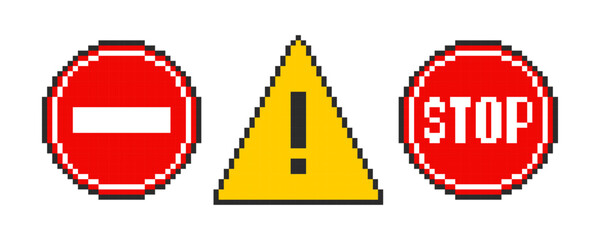 Stop road sign. Pixel art warning signs, road signs 8 bit stop.