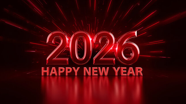 Black & Red Mirror Chrome

Glossy black background with red flare streaks, 3D red chrome &ldquo;2026&rdquo; numbers glowing in the center, &ldquo;Happy New Year&rdquo; in metallic red typography below with black background