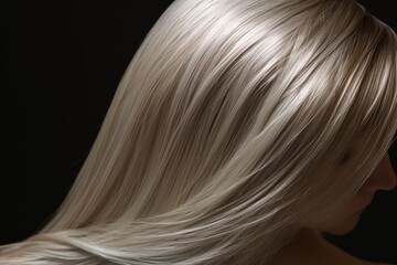 Naklejka premium Long blond hair blowing in wind on black background, creating dynamic movement and showcasing healthy, shiny texture