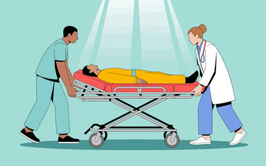The illustration depicts a medical team working efficiently as they transport a patient on a stretcher, emphasizing the importance of care and professionalism in healthcare services.