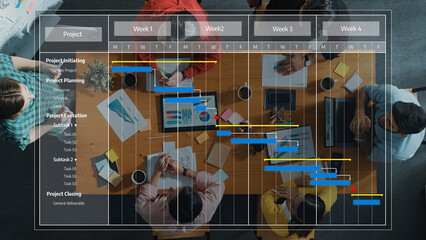A vibrant project management meeting showcasing a Gantt chart on a modern workspace table,...
