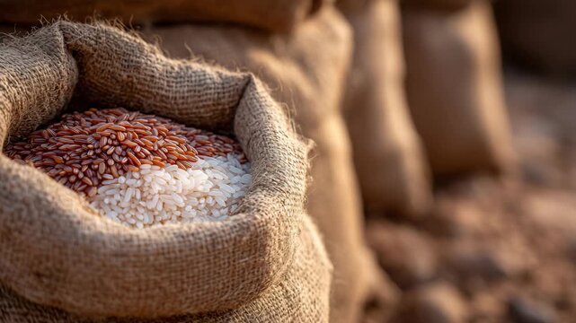 307Macro view of stacked burlap bags containing rice, rough fabric texture contrasting with the smooth shine of visible grains inside one torn sack