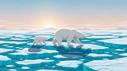 Fototapeta premium Mother polar bear and cub navigating melting ice floes in arctic landscape at sunrise from aerial viewpoint