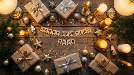 Happy New Year 2020 celebration with gifts and candles