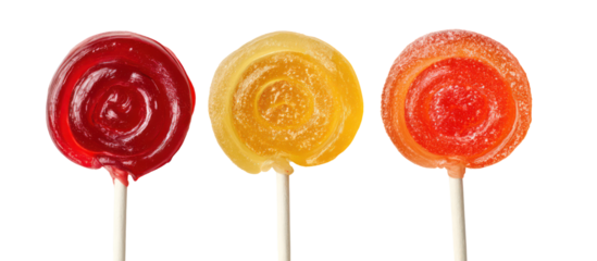 Three piles of hard candy, lollipop, and caramel candy side by side on transparent background