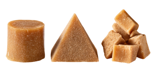 Three piles of jaggery in large cube, small cube, and mini round shapes on transparent background