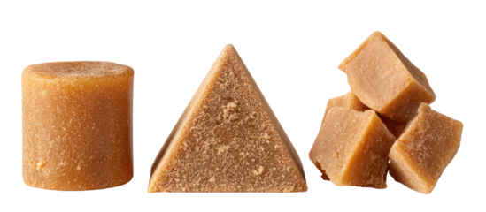 Three piles of jaggery in large cube, small cube, and mini round shapes on transparent background
