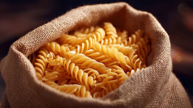 327Close-up of fusilli pasta spirals peeking out from an open burlap bag, golden-yellow tones glowing under warm lighting