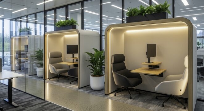Modern Office Interior with Private Work Pods, Glass Partitions, and Greenery, Designed for Flexible Workspaces.