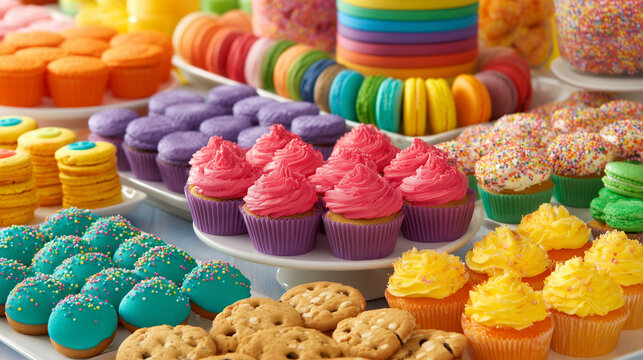 An assortment of colorful desserts including cupcakes macarons and cookies displayed on white plates - Powered by Adobe