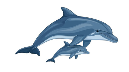 Charming Illustration of a Mother Dolphin Swimming with Her Baby Calf Isolated on White Background