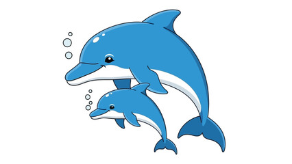 Obraz premium Cute Cartoon Illustration of Mother and Baby Dolphin Swimming Together in Water