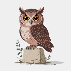 A stunning, realistic illustration of an owl perched on a rock, accentuating its distinct features and personality, celebrated as a symbol of wisdom and nature's beauty.