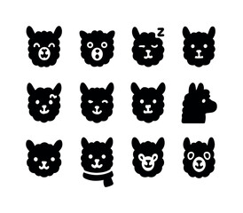 Fototapeta premium Alpaca Expressions Icons Set. Alpaca faces. Solid icon set of al